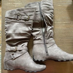 Grey knee high boots